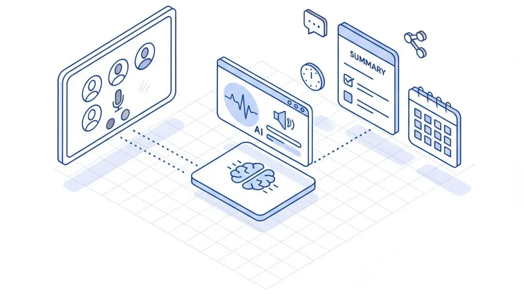 Isometric illustration: a video call with four participants feeds an AI module that turns the conversation into a meeting summary with checked action items, a calendar and sharing options