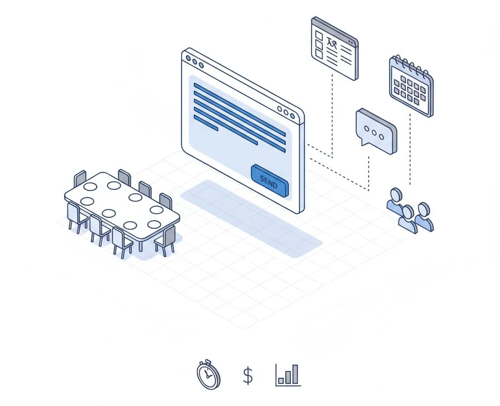 Isometric illustration: a meeting table connected to a ready-to-send follow-up email, with a task list, a calendar, a chat thread and teammates; icons for time, money and analytics below