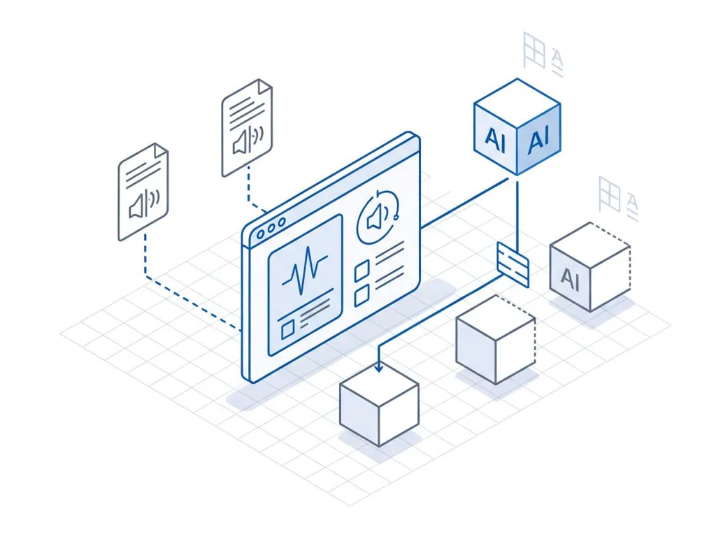Isometric illustration: audio recordings flow into an app window with a waveform, then through AI processing blocks into structured output