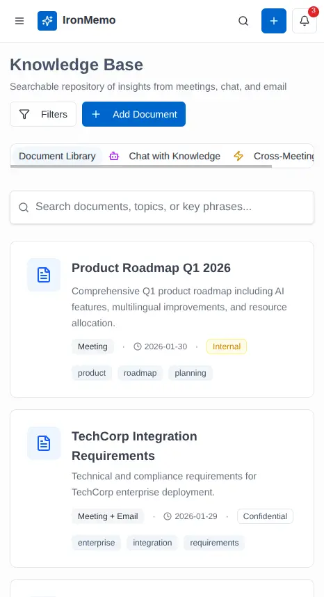 IronMemo Knowledge Base — AI поиск по всем встречам